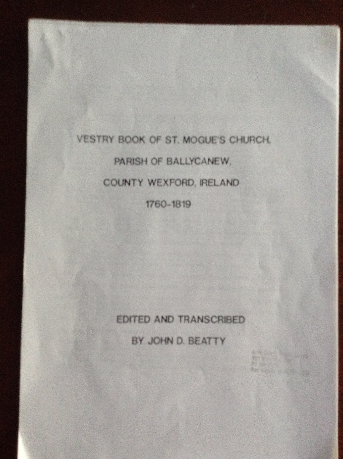 C:\Users\Virginia Rundle\Dropbox\VR\Ancestry Stuff\Kilpatrick\St Mogues Vestry Book with mentions of Cranwill\Front cover of St Mogue's Vestry Book.JPG