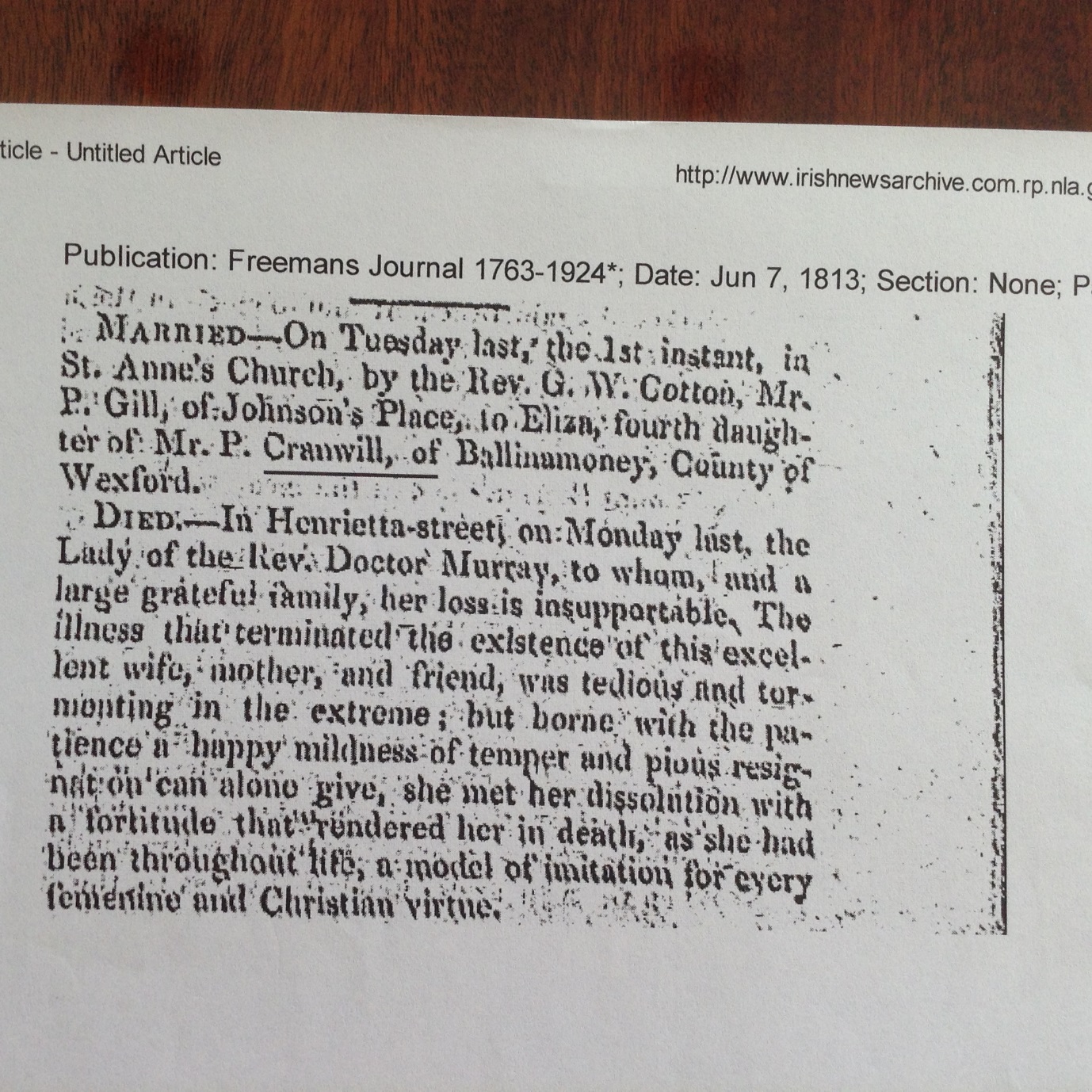 C:\Users\Virginia Rundle\Dropbox\VR\Ancestry Stuff\Kilpatrick\Newpaper clippings\Eliza dau of Pat Cranwill marries 1813.JPG