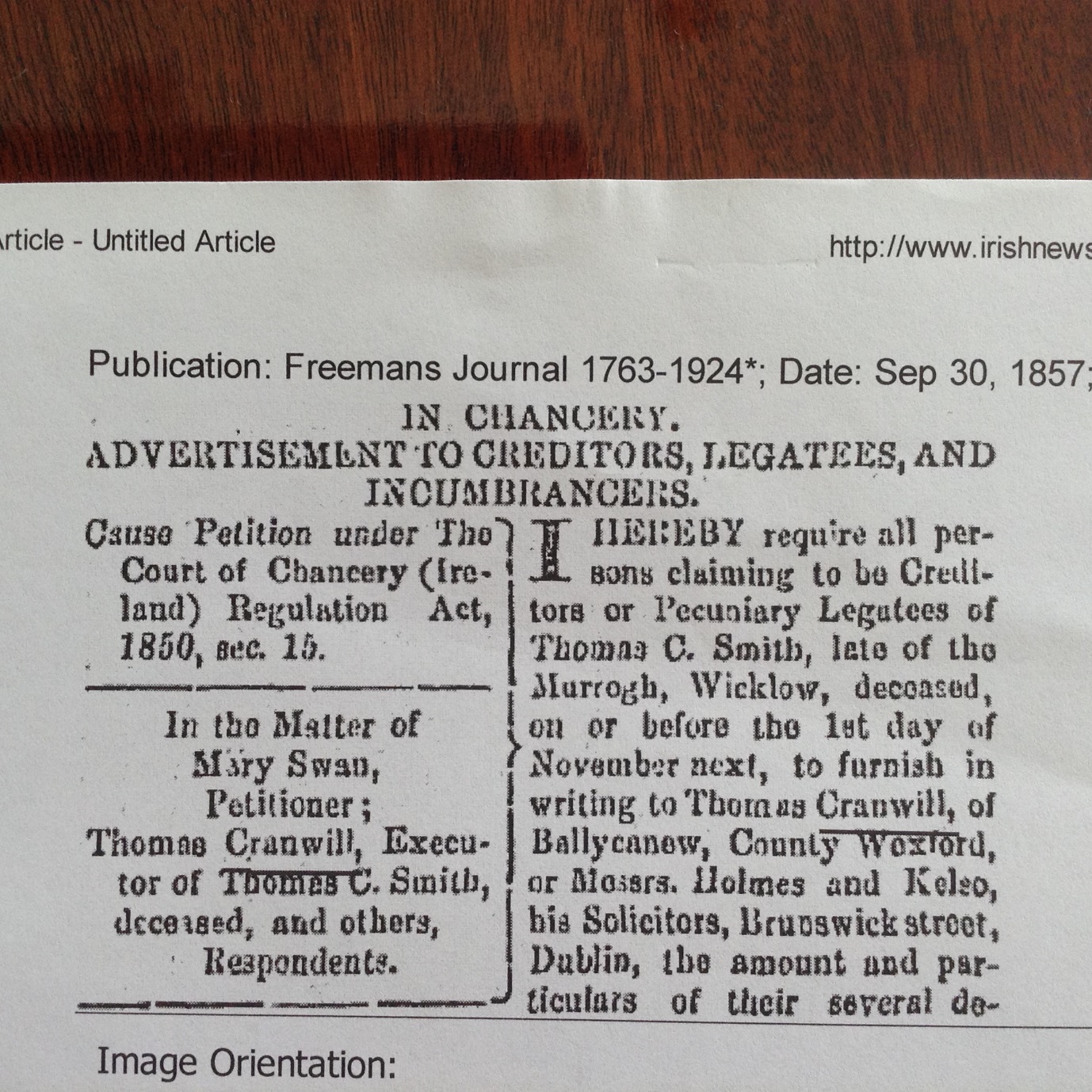 C:\Users\Virginia Rundle\Dropbox\VR\Ancestry Stuff\Kilpatrick\Newpaper clippings\Thomas Cranwill executor Thomas C Smith will 1857.JPG