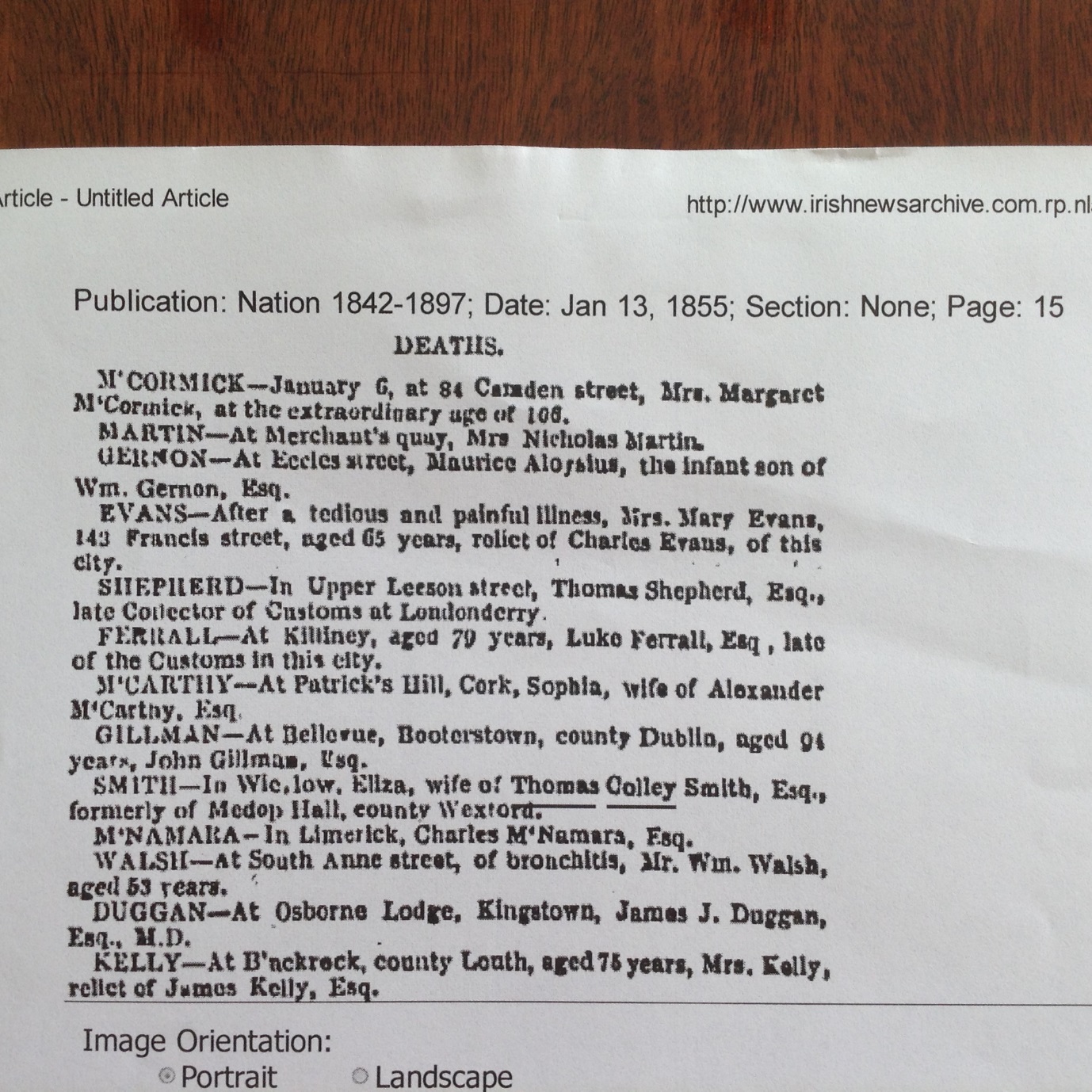 C:\Users\Virginia Rundle\Dropbox\VR\Ancestry Stuff\Kilpatrick\Newpaper clippings\Death of Eliza wife of Thomas Colley Smith Esq 1855.JPG