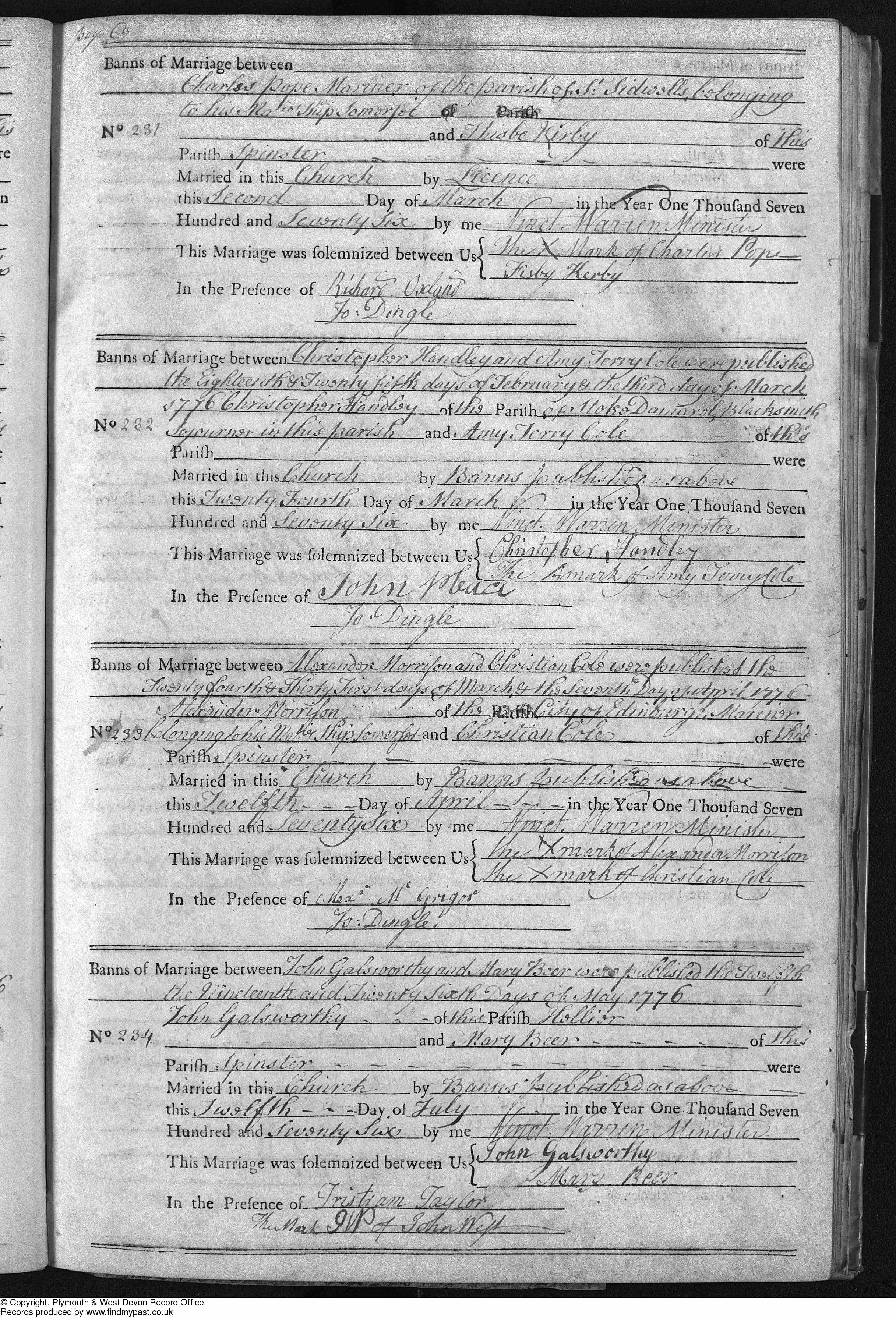 C:\Users\Virginia Rundle\Documents\Ancestry\Northey Moar Files\Galsworthy\Marriage of John Galsworthy and Mary Beer 1776.jpg