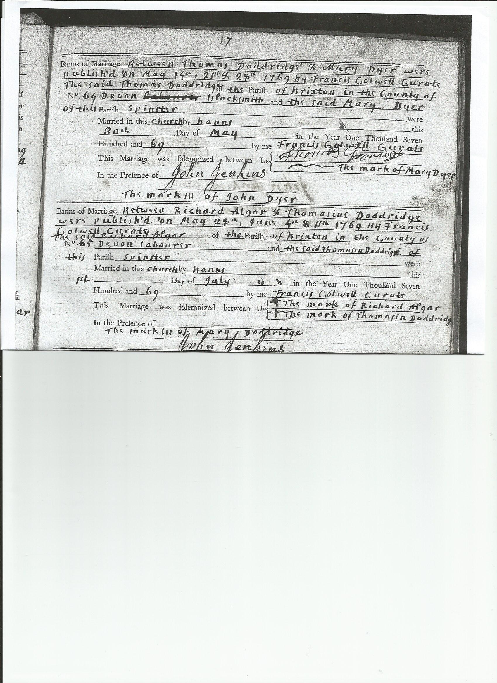 C:\Users\Virginia Rundle\Documents\Ancestry\Northey Moar Files\Doddridge\Ingrid's documents\Thomas Doddridge and Mary Dyer\Marriage of Thomas Doddridge and Mary Dyer 1767 in Brixton.jpg
