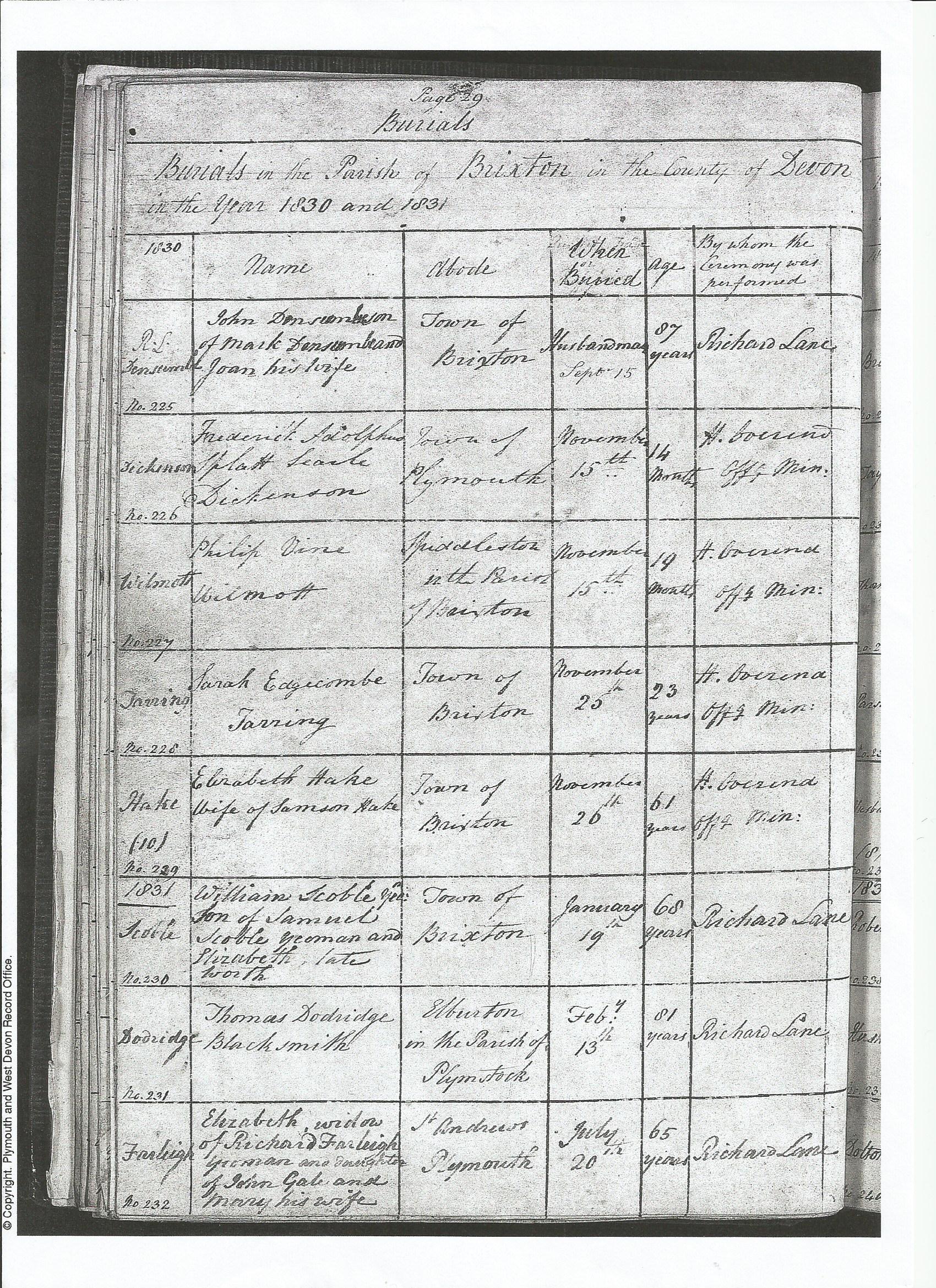 C:\Users\Virginia Rundle\Documents\Ancestry\Northey Moar Files\Doddridge\Ingrid's documents\Thomas Doddridge and Mary Dyer\Burial of Thomas Dodridge Brixton Feb 13 1831.jpg