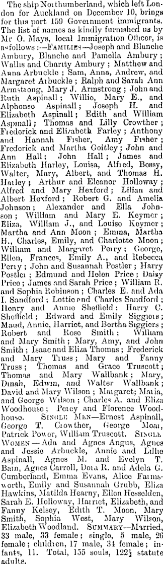 C:\Users\Virginia Rundle\Documents\Ancestry\Northey Moar Files\Moar\George Moar\Auckland Star, 1 March 1884 Arrival of George Moar on the Northumberland.gif
