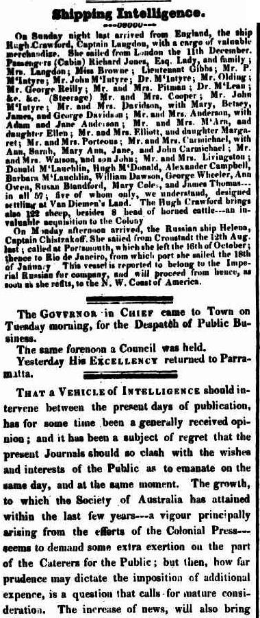 C:\Users\Virginia Rundle\Documents\Ancestry\Robson Files\Elliott\Arrival of the Hugh Crawford Sydney Gazette 7 April 1825 page 2.jpg