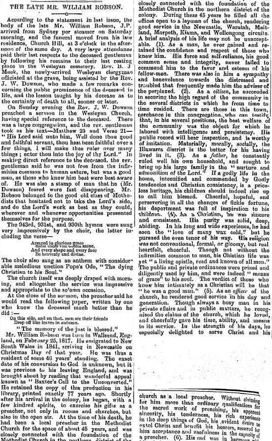 C:\Users\Virginia Rundle\Documents\Ancestry\Robson Files\William Robson SNR JP\The Late Mr William Robson Illawarra Mercury 10 Apr 1888 page 2.jpg