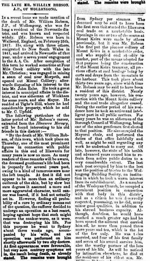 C:\Users\Virginia Rundle\Documents\Ancestry\Robson Files\William Robson SNR JP\The Late Mr William Robson JP of Wollongong Newcastle Morning Herald 17 April 1888 page 3.jpg