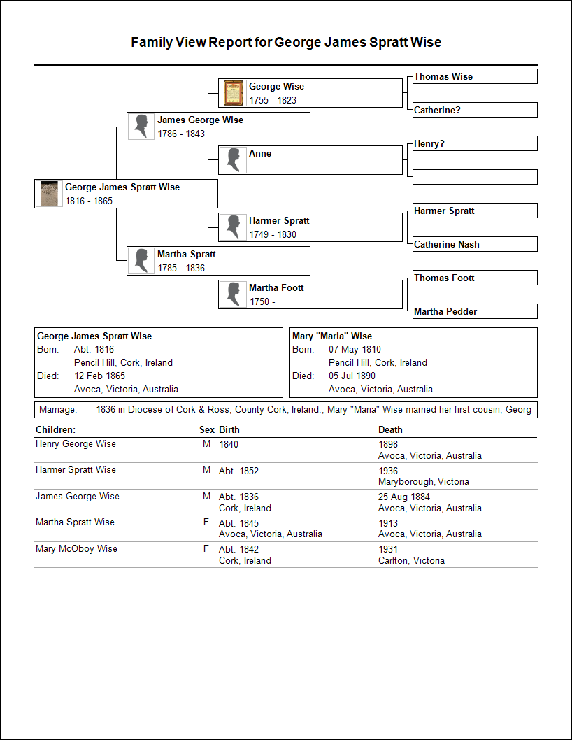 C:\Users\Virginia Rundle\Dropbox\VR\Ancestry Stuff\Wise\Wise Family of Avoca\Family View Report for George James Spratt Wise.bmp