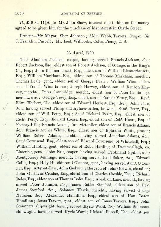 C:\Users\Virginia Rundle\Documents\Ancestry\Wise Files\Tanners of Cork and Directories\Council Book of Corporation of City of Cork William Wise eldet son of Thomas Wise 23 April 1790.jpg