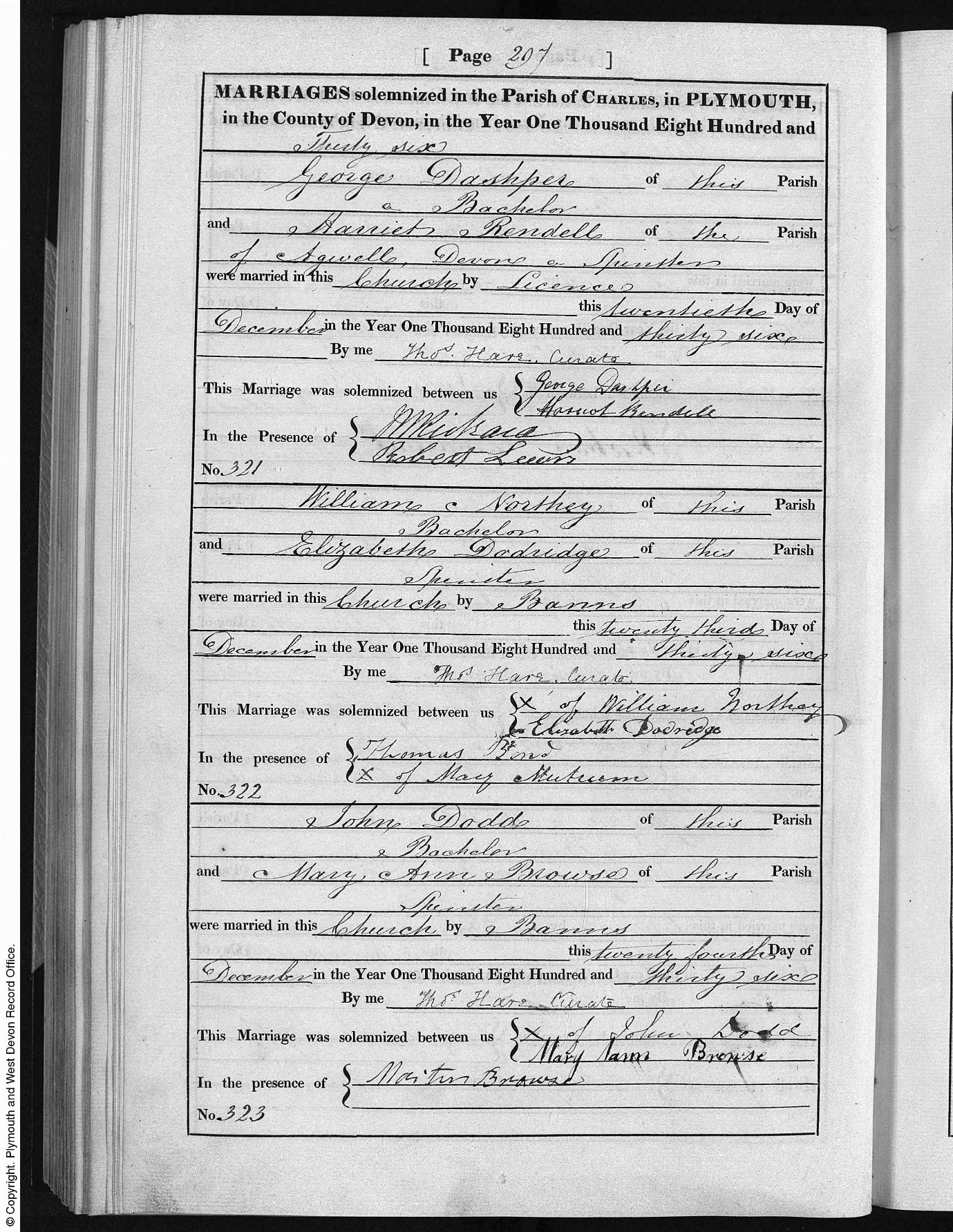 C:\Users\Virginia Rundle\Documents\Ancestry\Northey Moar Files\Northey\William Northey Family of Cornwall\Marriage of William Northey and ELizabeth Dodridge 23 Dec 1836 Parish of Charles in Plymouth Devon.jpg